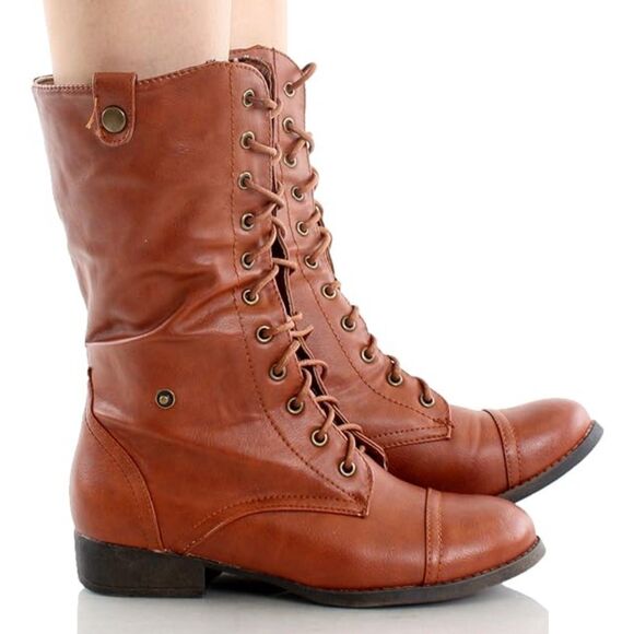 Women's Ankle Lace Up Combat Boots Bootie Two Way Fold Down Low Heels Cognac 6.5 - Picture 6 of 9